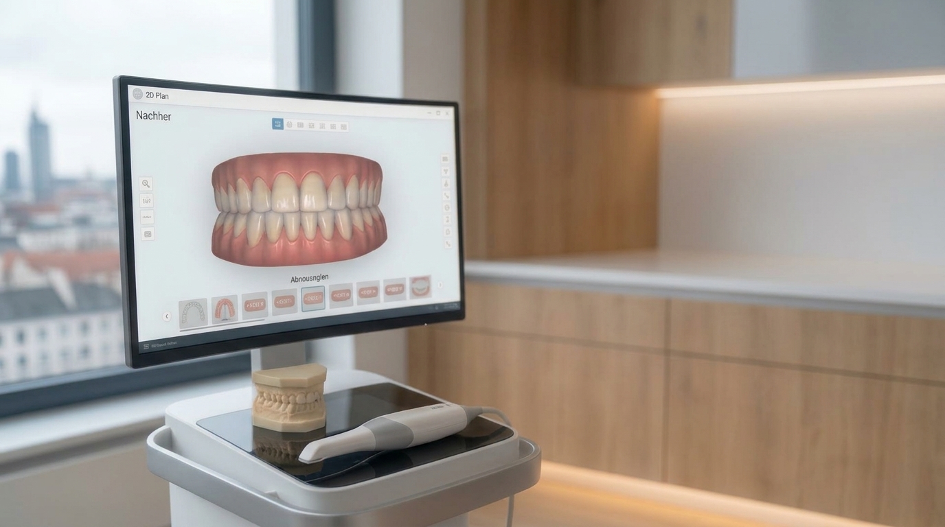 Nachher: digitale Simulation der geraden Zahnstellung am Behandlungsbildschirm